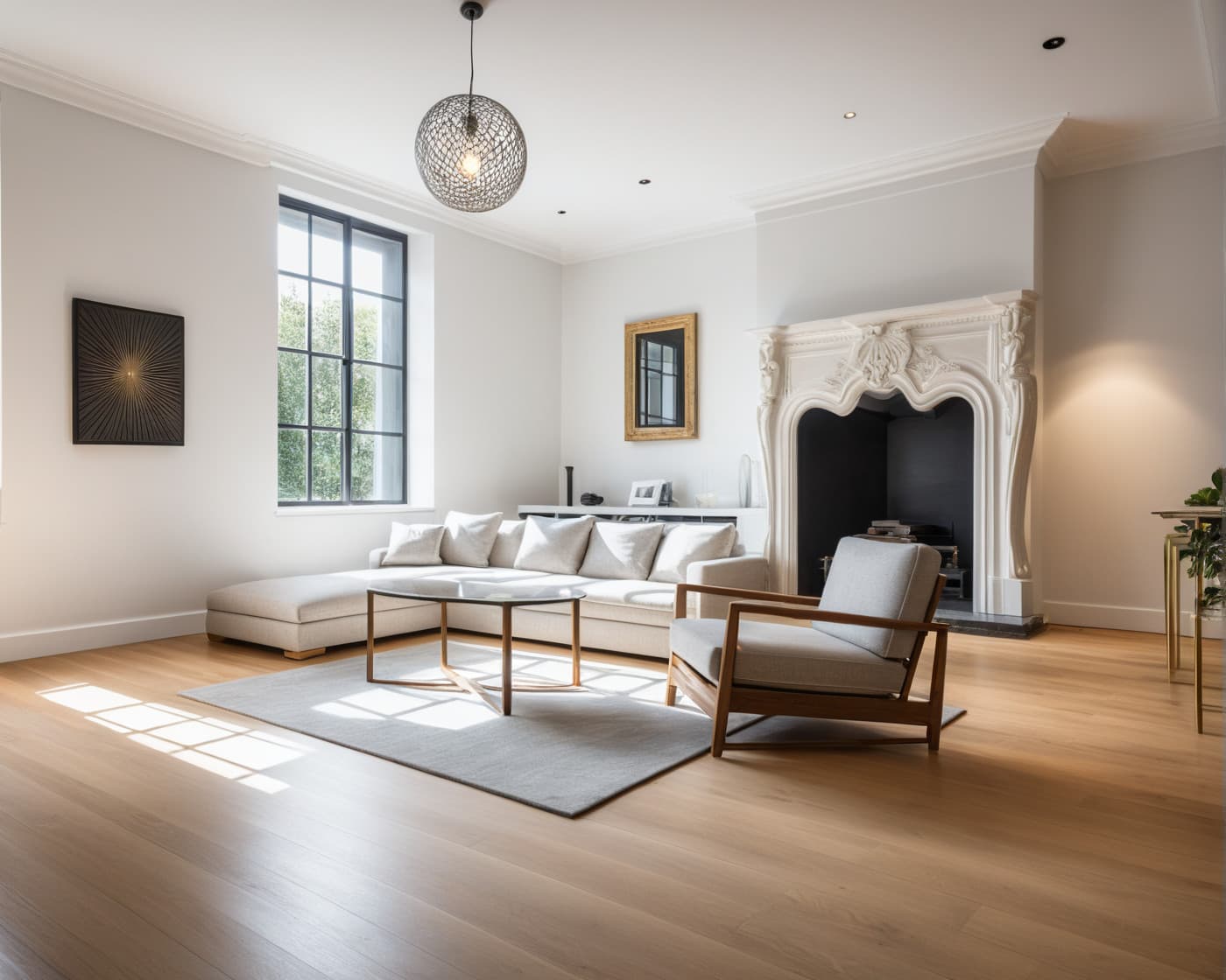 Séjour lumineux avec cheminée travaillée, canapé clair et parquet en bois.