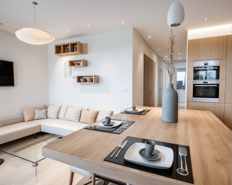 Intérieur contemporain avec matière, lumière et espace habitable.