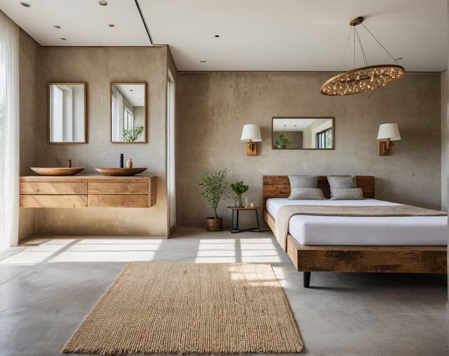 Intérieur achevé avec chambre lumineuse et vasques en bois.
